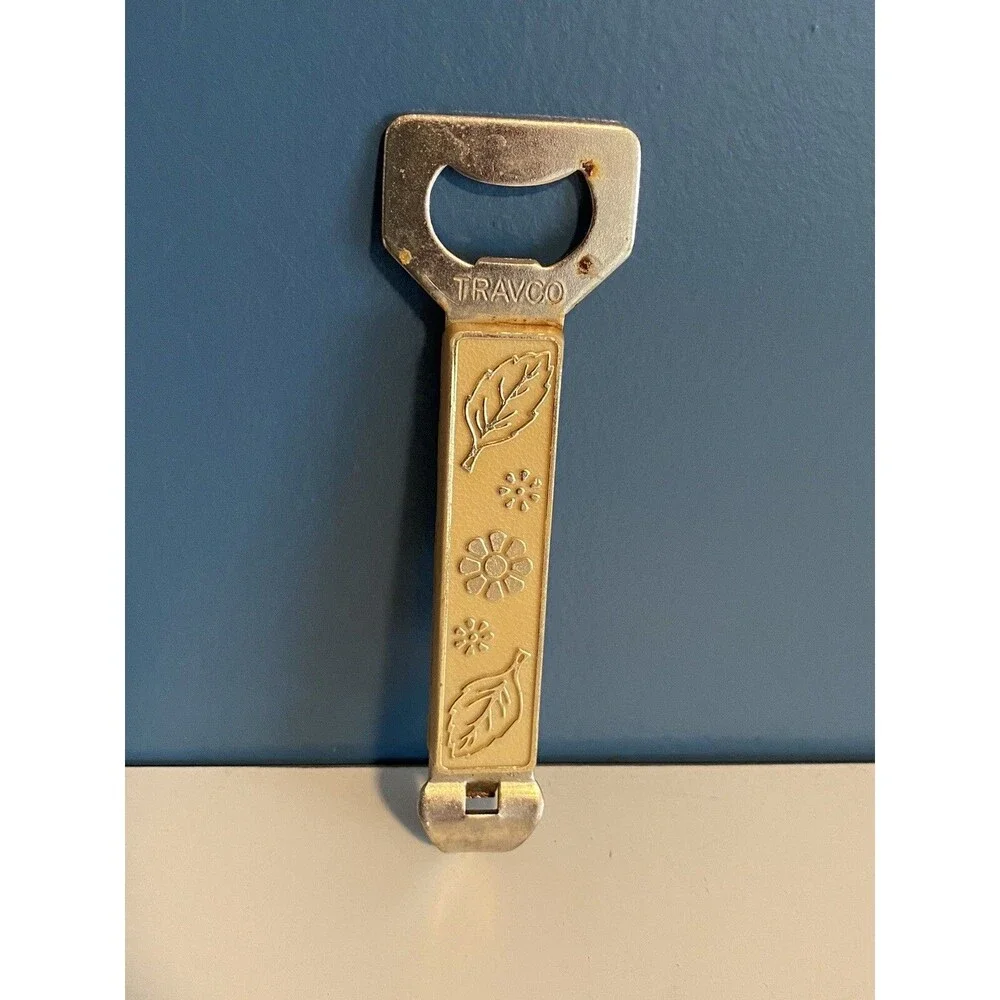Vintage Travco Bottle Opener Cream and Gold Floral,  Flower & Leaves 1960’s
